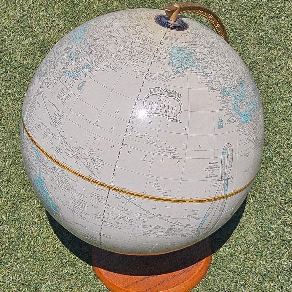 Crams Imperial World Globe Vintage Cream Map Wood Base Brass Meridian USA - Picture 3 of 8